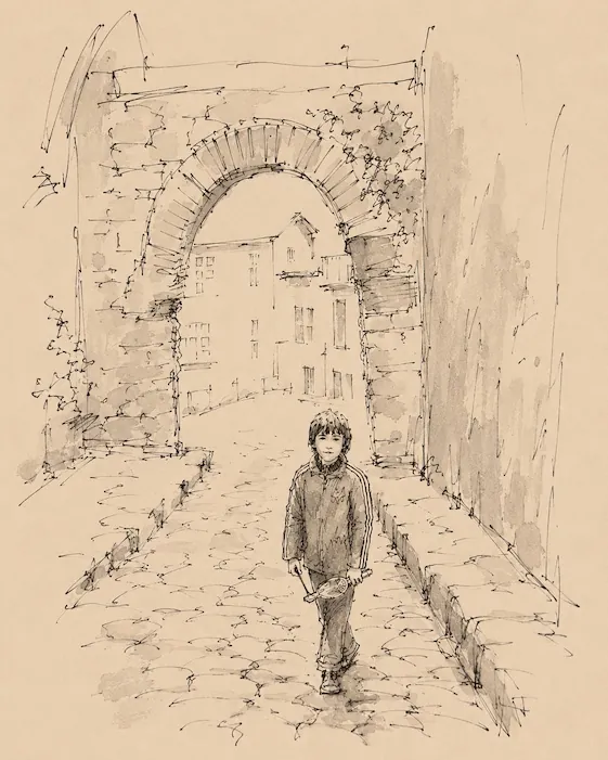 Pen-and-ink drawing of Petia Sierschynski standing in a cobblestone alley beneath a stone archway in an old European town.